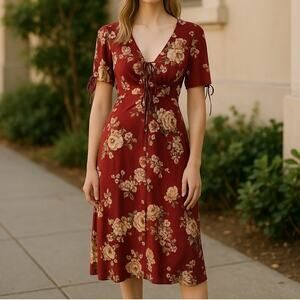 Storia Red Floral Tie Shoulder Cutout Dress